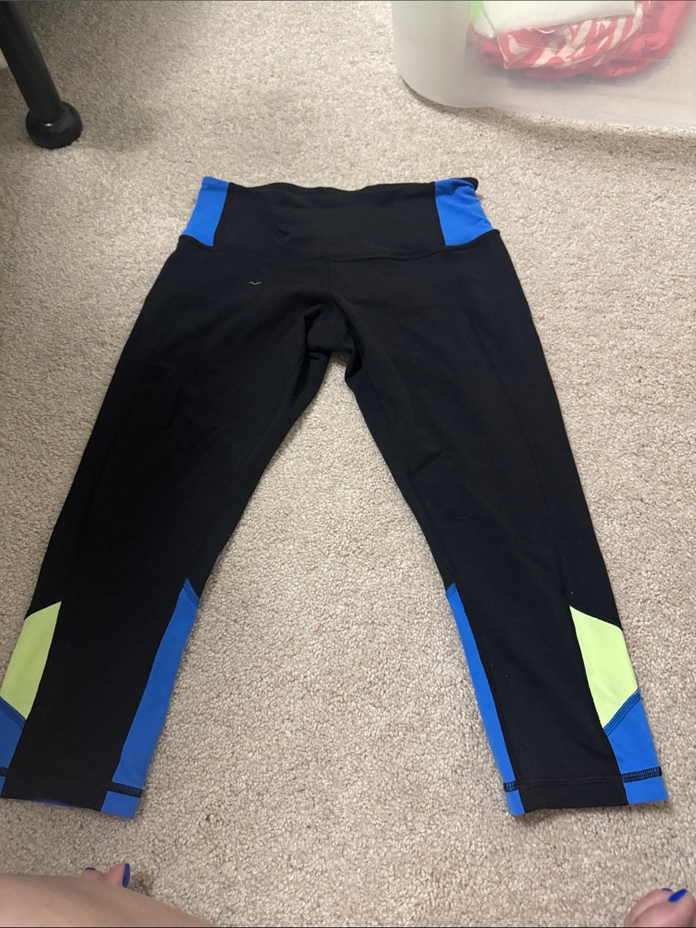 lululemon athletica Black Capri Leggings with Blue and Lime Panels